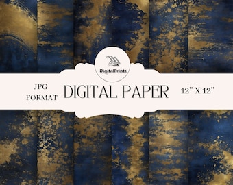 Navy and Gold Grunge Textures: 12x12 Digital Paper (JPG Download)