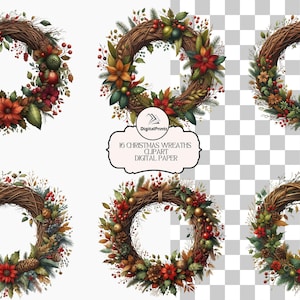 Christmas Wreath Clipart: 16 PNG Illustrations (5x5 inches Digital Download)
