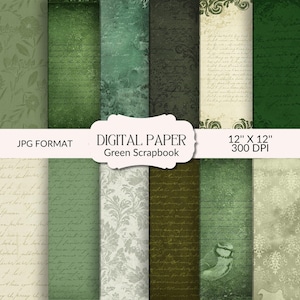 May include: A collection of digital scrapbook paper in various shades of green. The papers feature floral patterns, handwritten script, and textured designs. The image includes the text "DIGITAL PAPER Green Scrapbook" and "12" x 12" 300 DPI".