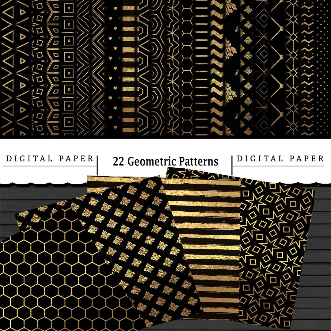 22 Black and Gold Geometric Papers/printable Digital Paper/scrapbooking ...