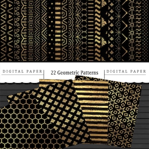 Puede incluir: Conjunto de papel digital con 22 patrones geométricos dorados sobre fondo negro. Los diseños incluyen triángulos, hexágonos y rayas. El texto dice "PAPEL DIGITAL" y "22 Patrones Geométricos".
