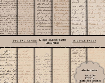 Op de afbeelding: Twaalf sepiakleurige digitale papieren met handgeschreven notities. De papieren hebben een vintage uitstraling en zijn perfect voor scrapbooking, kaartmaken en andere knutselprojecten. De papieren zijn beschikbaar in PNG- en PDF-formaten, evenals Photoshop-penseel en -patronen.