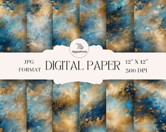 May include: A set of 6 digital papers featuring a blue and gold abstract watercolor design. Each paper is 12 inches by 12 inches and 300 DPI. JPG format.