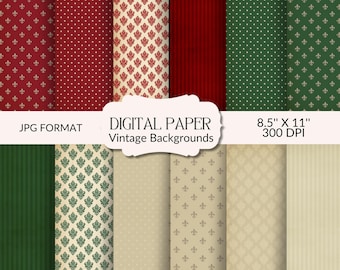 Fondos navideños vintage desgastados: rojo, verde y dorado, papel de scrapbooking, diario basura (descarga digital)