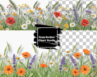25 Grass Meadow Borders PNG,  12x12",  Transparent Background, Canva Template, Wildflower Clipart, Digital Download