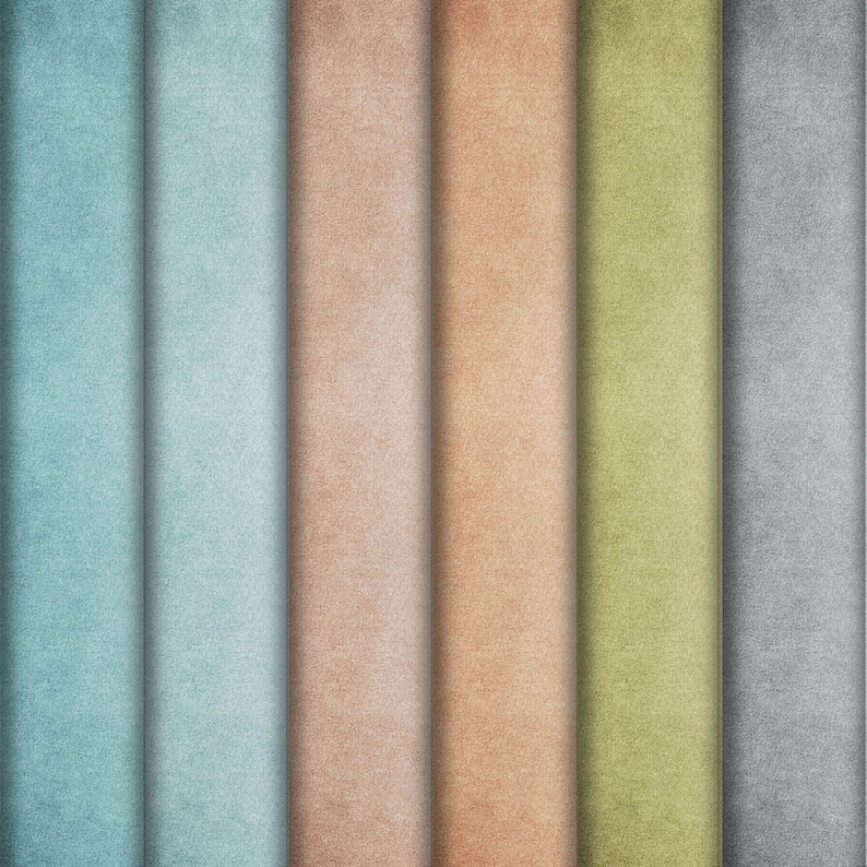 May include: A close-up of six vertical fabric swatches in different colors. The swatches are arranged from left to right in the following order: light blue, beige, light brown, light green, gray, and dark gray.