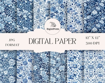 Blue & White Floral Designs: 12x12 Digital Paper Set (Digital Download)