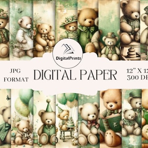 20 Vintage Green Teddy Bears on Antique Background - 12 x 12 inches - JPG Format - Instant Download - Digital Paper - Scrapbook
