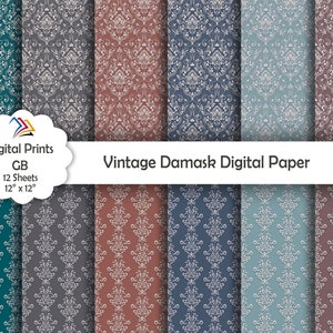12 Vintage Damask Printable Digital Papers/Printable Digital Paper/Scrapbooking/Papercraft/Print On Demand/Wallpaper/Digital Prints