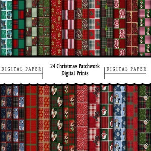 May include: A set of 24 digital paper prints featuring a variety of Christmas patchwork designs. The designs include red and green plaid, snowflakes, penguins, gingerbread men, and "HO HO HO" text.