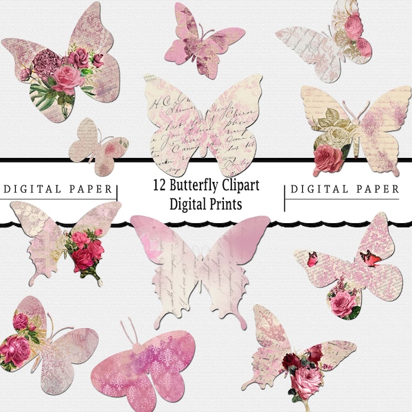 12 Printable Vintage Butterfly Papers/Shabby Chic Papers/Butterfly Paper/Shabby Chic Paper/Vintage Papers/Commercial Use/Print On Demand