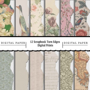 12 Vintage Scrapbook Carta strappata/Carta digitale stampabile/Scrapbooking/Papercraft/Decoupage/Stampa su richiesta/Casa delle bambole/Stampe digitali