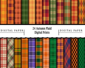 May include: 24 digital paper prints featuring autumn plaid patterns in various colors, including orange, green, red, and blue. The patterns include traditional plaid, argyle, and diamond patterns. "DIGITAL PAPER" is written at the top and bottom of the image.