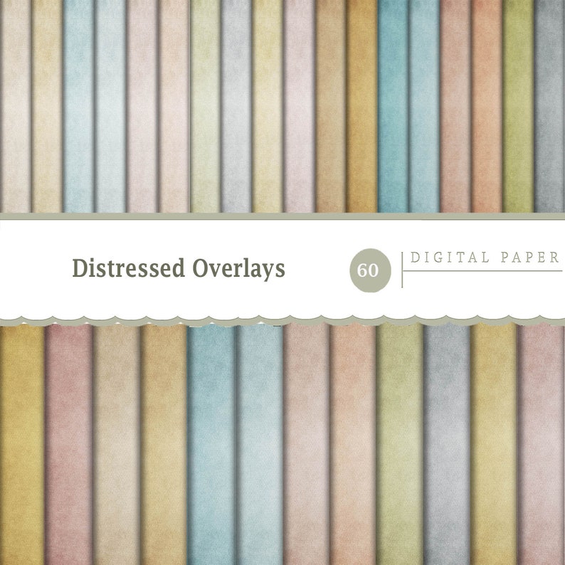 May include: A set of 60 digital paper textures in various shades of brown, beige, blue, and gray. The textures have a distressed, vintage look, resembling old paper. The text "Distressed Overlays" and "60 DIGITAL PAPER" is displayed on a white banner.