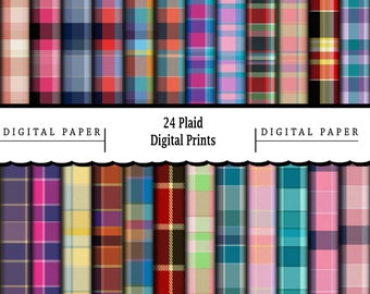 May include: 24 digital paper prints featuring plaid patterns in various colors, including red, blue, green, yellow, and pink. The text "24 Plaid Digital Prints" is displayed in the center of the image.