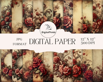 24 Vintage Red Distressed Romantic Floral Papiere – 12 x 12 Zoll – JPG-Format – Sofortiger Download