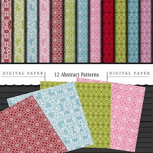 May include: Twelve digital paper patterns featuring abstract geometric designs in red, green, blue, and pink. The patterns are seamless and can be used for scrapbooking, card making, and other craft projects.