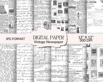 Vintage Newspaper Digital Paper: 12"x12" Scrapbook Print (Digital Download)