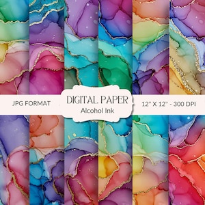 Op de afbeelding: Een verzameling digitale papierontwerpen met levendige alcoholinktpatronen in paars, blauw, groen en oranje, geaccentueerd met gouden aderen. De tekst op de afbeelding luidt "DIGITAL PAPER Alcohol Ink" en "12" X 12" - 300 DPI".