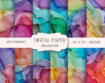 May include: A collection of digital paper designs with vibrant alcohol ink patterns in shades of purple, blue, green, and orange, accented with gold veins. The text on the image reads "DIGITAL PAPER Alcohol Ink" and "12" X 12" - 300 DPI".