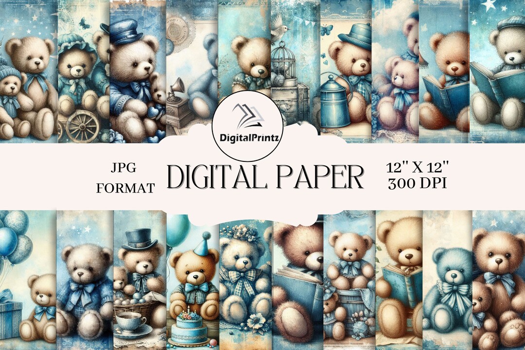 20 Vintage Blue Teddy Bears on Antique Background - 12 X 12 Inches ...