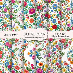 Könnte beinhalten: Digitales Papier mit floralem Muster auf weißem Hintergrund. Das Design zeigt bunte Blumen in Rosa, Rot, Blau, Gelb und Orange, mit grünen Blättern. Der Text lautet "JPG FORMAT", "DIGITAL PAPER Scrapbook Backgrounds" und "12" X 12" High Resolution".