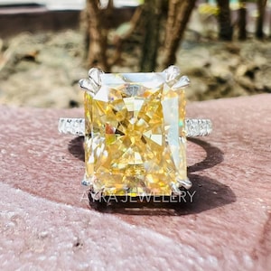 5 CT Canary Yellow Radiant Cut Moissanite Engagement Ring 14K White Gold Wedding Ring Radiant Diamond Ring Anniversary Ring Hidden Halo Ring