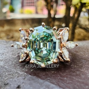 Vintage Cluster Engagement Ring 3.5 CT Oval Step Cut Cyan Blue Moissanite Engagement Ring 14K Gold Wedding Ring Unique Diamond Ring For Her