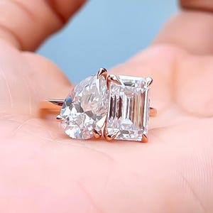 Toi Et Moi Pear And Emerald Cut Moissanite Engagement Ring 14K Gold Wedding Ring You And Me Ring Two Stone Ring Anniversary Gift For Her