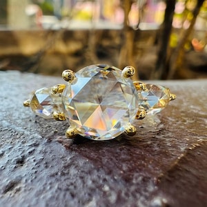 Three Stone 2 CT Round Rose Cut Moissanite Engagement Ring Side Stone Pear Rose Cut Ring 14K Gold Wedding Ring Trilogy Ring Promise Ring