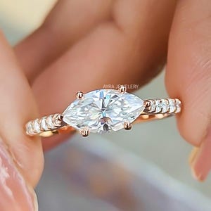 East West Marquise Cut Moissanite Engagement Ring 14K Gold Wedding Ring Cathedral Set Marquise Diamond Ring Anniversary Gift Promise Ring