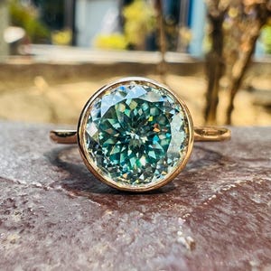Bezel Set 2 CT Cyan Blue Portuguese Cut Moissanite Engagement Ring Portuguese Cut Diamond Ring 14K Gold Wedding Ring Solitaire Ring For Her