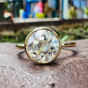 Bezel Set 2 CT Round Old European Cut Moissanite Engagement Ring Old Mine Cut Ring 14K Gold Wedding Ring Solitaire Ring Anniversary Gift