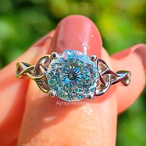 2 CT Cyan Blue Portuguese Cut Moissanite Engagement Ring 14K Gold Wedding Ring Celtic Inspired Ring Anniversary Gift For Her Bridal Ring