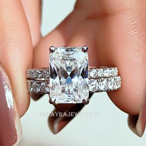 3 CT Radiant Cut Moissanite Engagement Ring Set Radiant Bridal Ring Set 14K Gold Wedding Ring With Thick Matching Band Anniversary Ring Set