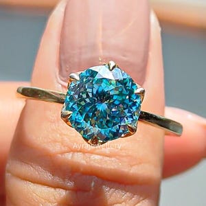 2 CT Cyan Blue Portuguese Cut Moissanite Engagement Ring Tulip Set 14K Gold Unique Wedding Ring For Women Portuguese Cut Solitaire Ring