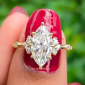 Vintage Marquise Cut Lab Grown Diamond Engagement Ring 14K Solid Gold Cluster Wedding Ring IGI Certified Ring Anniversary Gift Promise Ring