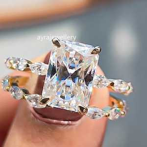 3 CT Radiant Cut Moissanite Engagement Ring Set Radiant Bridal Ring Set 14K Solid Gold Wedding Ring With Open Gap Matching Band For Women
