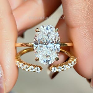 3 CT Oval Cut Moissanite Engagement Ring Set 14K Gold Wedding Ring With Open Gap Band Bridal Ring Set Oval Diamond Ring Anniversary Ring Set