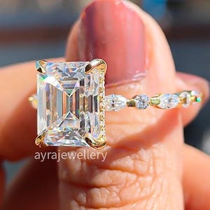 3.5 CT Emerald Cut Moissanite Engagement Ring 14K Gold Wedding Ring Accent Marquise And Round Cut Ring Emerald Diamond Ring Anniversary Ring