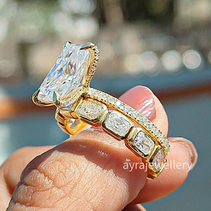 Radiant Cut Moissanite Engagement Ring Set Radiant Bridal Ring Set 14K Solid Gold Wedding Ring With Horizontal Full Eternity Matching Band