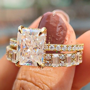 3 CT Radiant Cut Moissanite Engagement Ring Set Radiant Bridal Ring Set 14K Solid Gold Wedding Ring Set Baguette Diamond Thick Matching Band