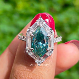 3 CT Dutch Marquise Cyan Blue Moissanite Engagement Ring Vintage Art Deco Baguette & Round Diamond Halo Ring Anniversary Gift Promise Ring