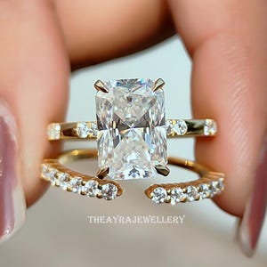 3 CT Radiant Cut Moissanite Engagement Ring Set Radiant Bridal Ring Set 14K Gold Wedding Ring With Open Gap Round Band Anniversary Ring Set