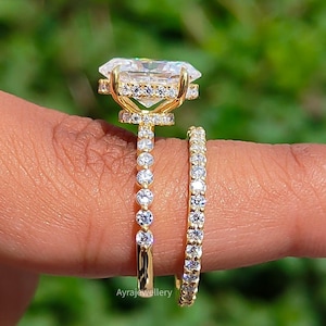 3 CT Oval Cut Moissanite Engagement Ring Set 14K Gold Wedding Ring Set Oval Bridal Ring Set Double Hidden Halo Ring Set Anniversary Ring Set