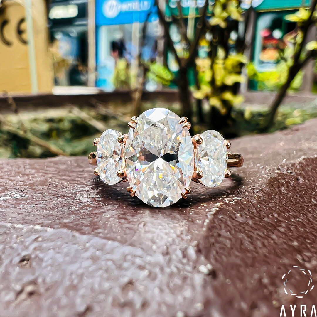 Oval Three Stone Moissanite Engagement Ring 14K Gold Oval Trilogy ...