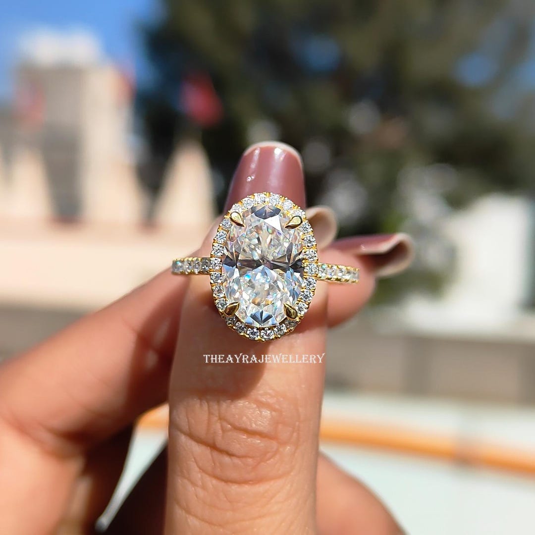 3 CT Oval Cut Moissanite Halo Engagement Ring 14K Gold Halo Wedding ...