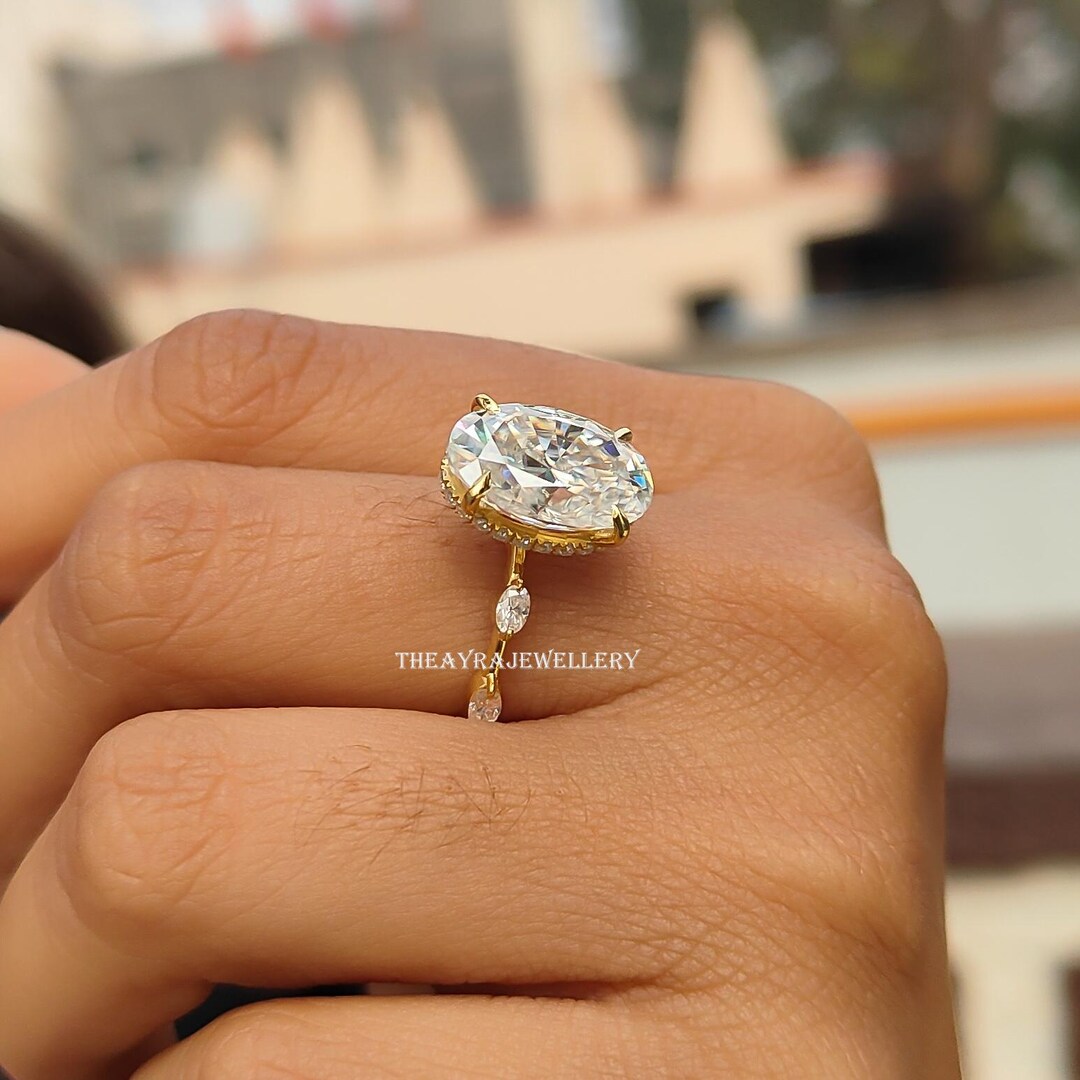 4 CT Oval Cut Moissanite Engagement Ring 14K Gold Hidden Halo Wedding ...