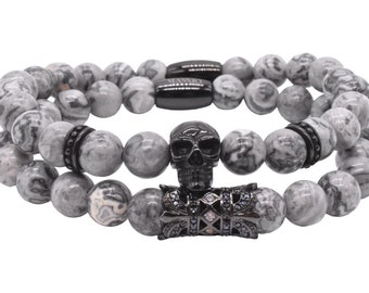 Maskio Elastic Howlite Bracelet with Stainless Steel Skull – Stylish Design and Calming Energy