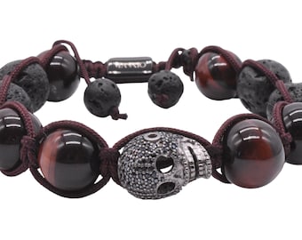 Maskio Red Tiger Eye and Lava Stone Bracelet with Stainless Steel Skull – Powerful Design and Symbolic Depth